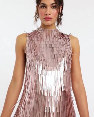 ASOS DESIGN all over embellished sleeveless midi dress with paneled beaded  fringe in pink