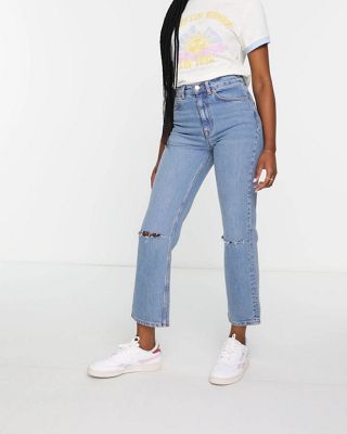 ASOS DESIGN high rise stretch 'slim' straight leg jeans in midwash