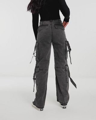 Bershka straight leg cargo pants in graphite blue