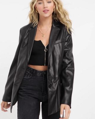 Bershka oversized faux leather blazer in black