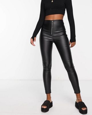 Parisian faux leather trousers with exposed zip in camel