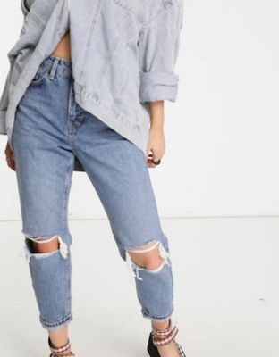 Topshop Petite mid blue ripped mom jeans