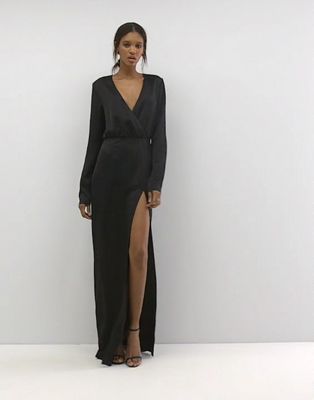 river actually Against TTYA Black Heather Long Sleeve Wrap Front Maxi Dress With Thigh Split | ASOS